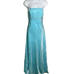 Y2K Cache Ice Blue Shimmery Maxi Dress SZ 9/10 Empire Waist Rhinestones Prom‎